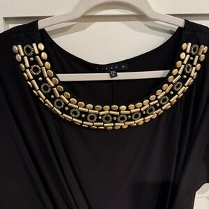 Ruched Black Stretchy Cocktail Holiday Dress, Gold Beading & Tie/Wrap Waist! LBD